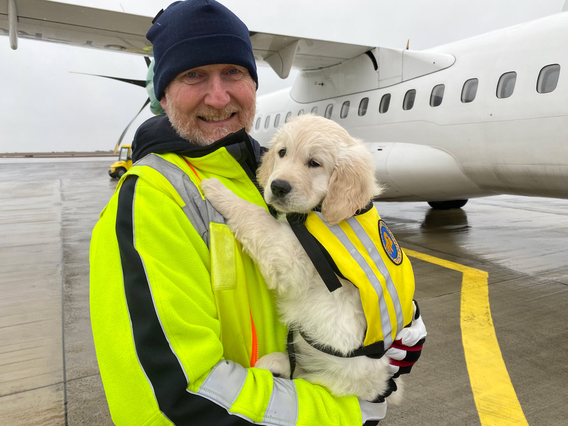 Hvalpeaspirant der bliver holdt af en mand foran en flyvemaskine