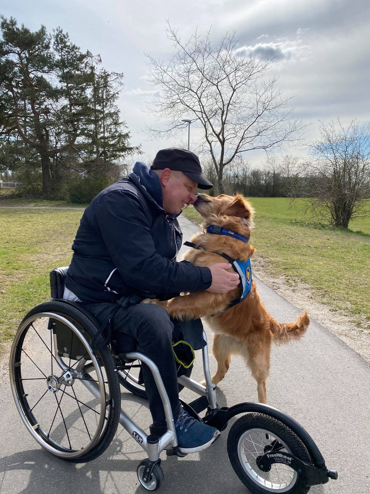 Servicehund på arbejde der kysser dens bruger på næsen
