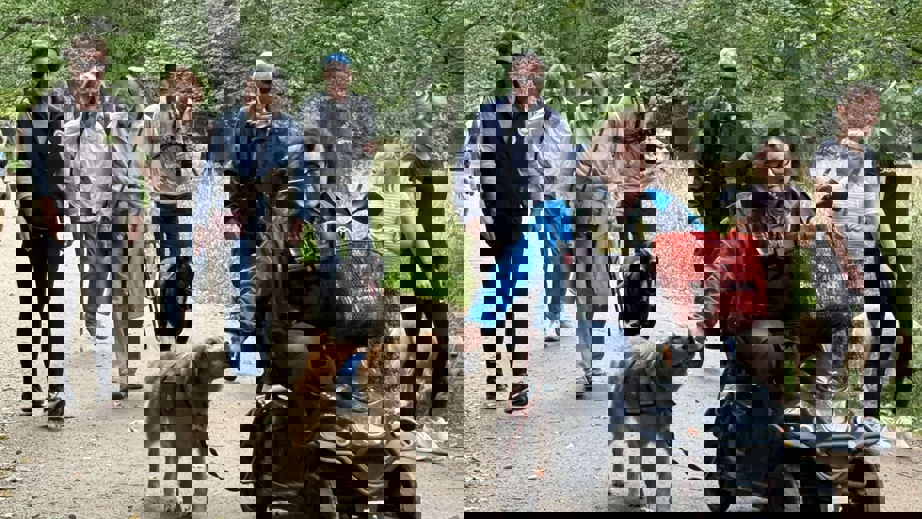 Bruger og servicehund på tur med familie og hundeinstruktører