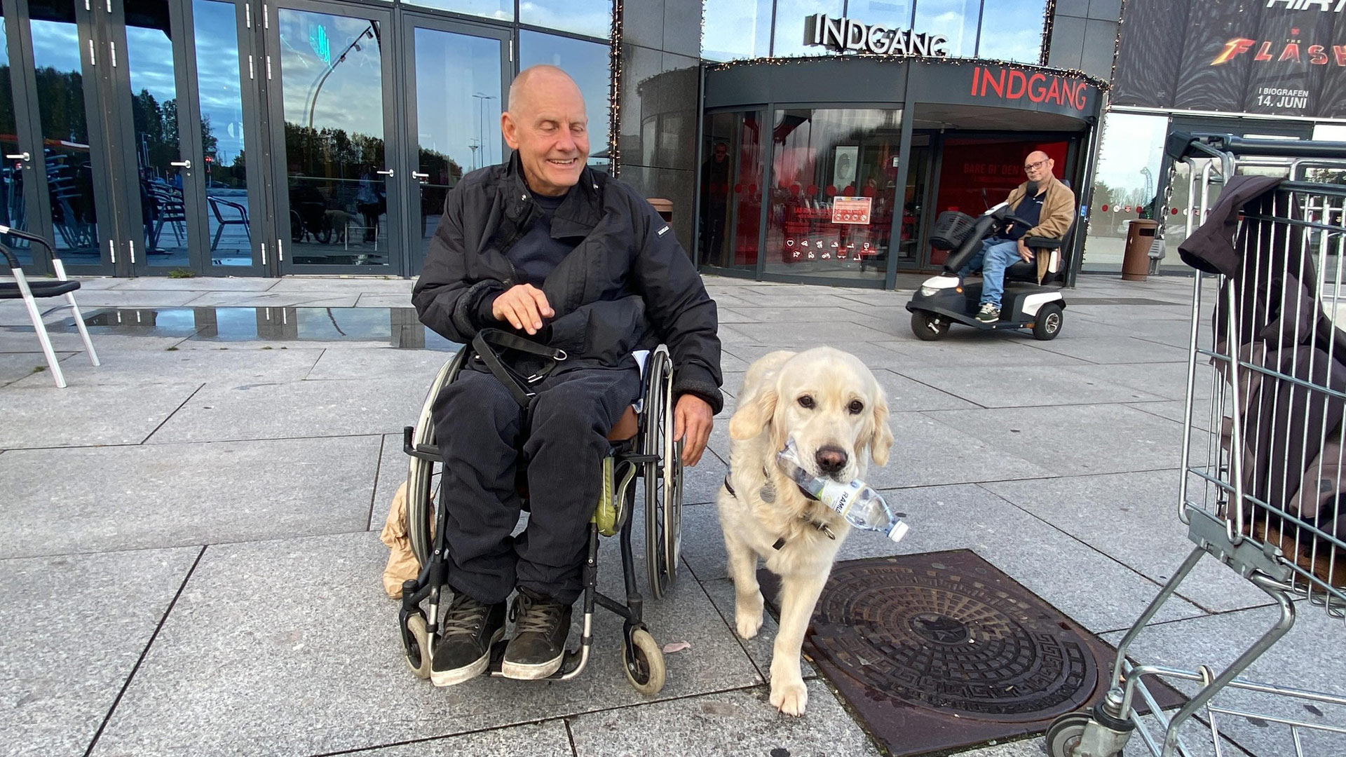 Buster og servicehunden Stormy på tur ved et shoppingcenter