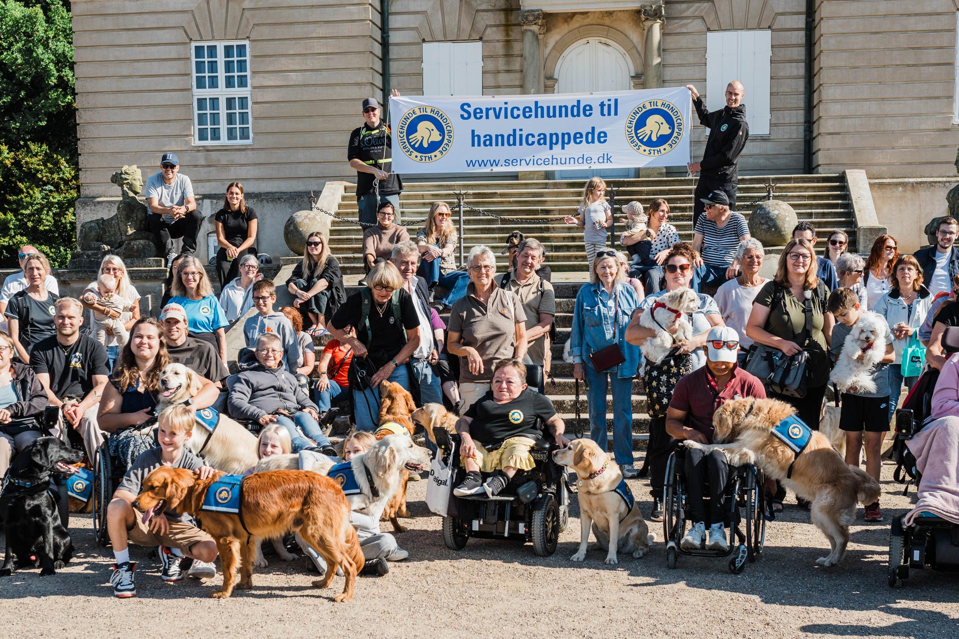 Gruppebillede med brugerne, deres servicehunde og instruktører fra STH til Dog A Thon