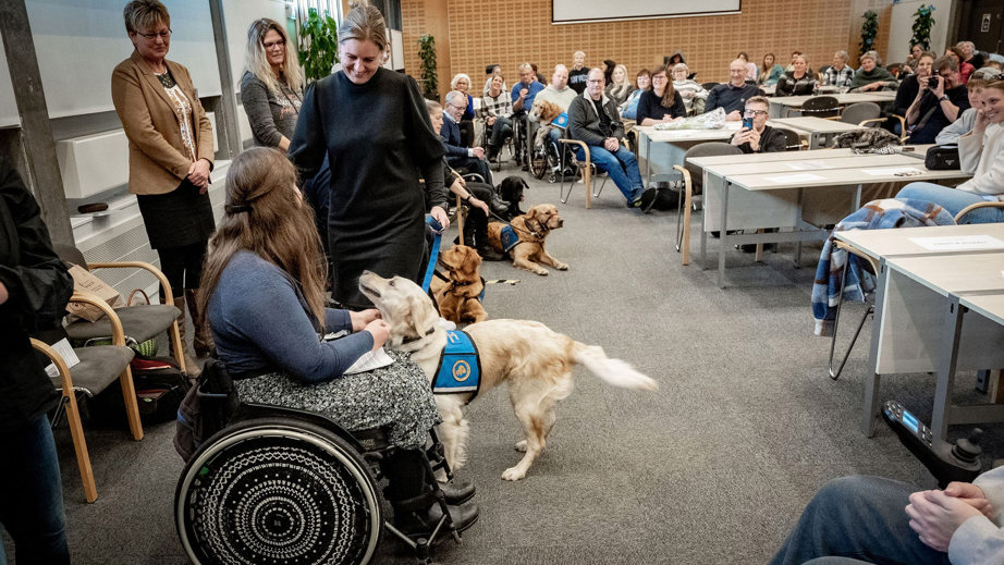 Graduation af servicehund og bruger sammen med hundeinstruktør